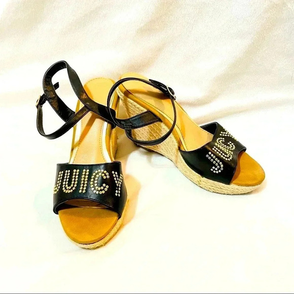 Juicy Couture Cristall Espadrille Wedge Sandals Raphia Faux Leather Upper - Picture 1 of 12